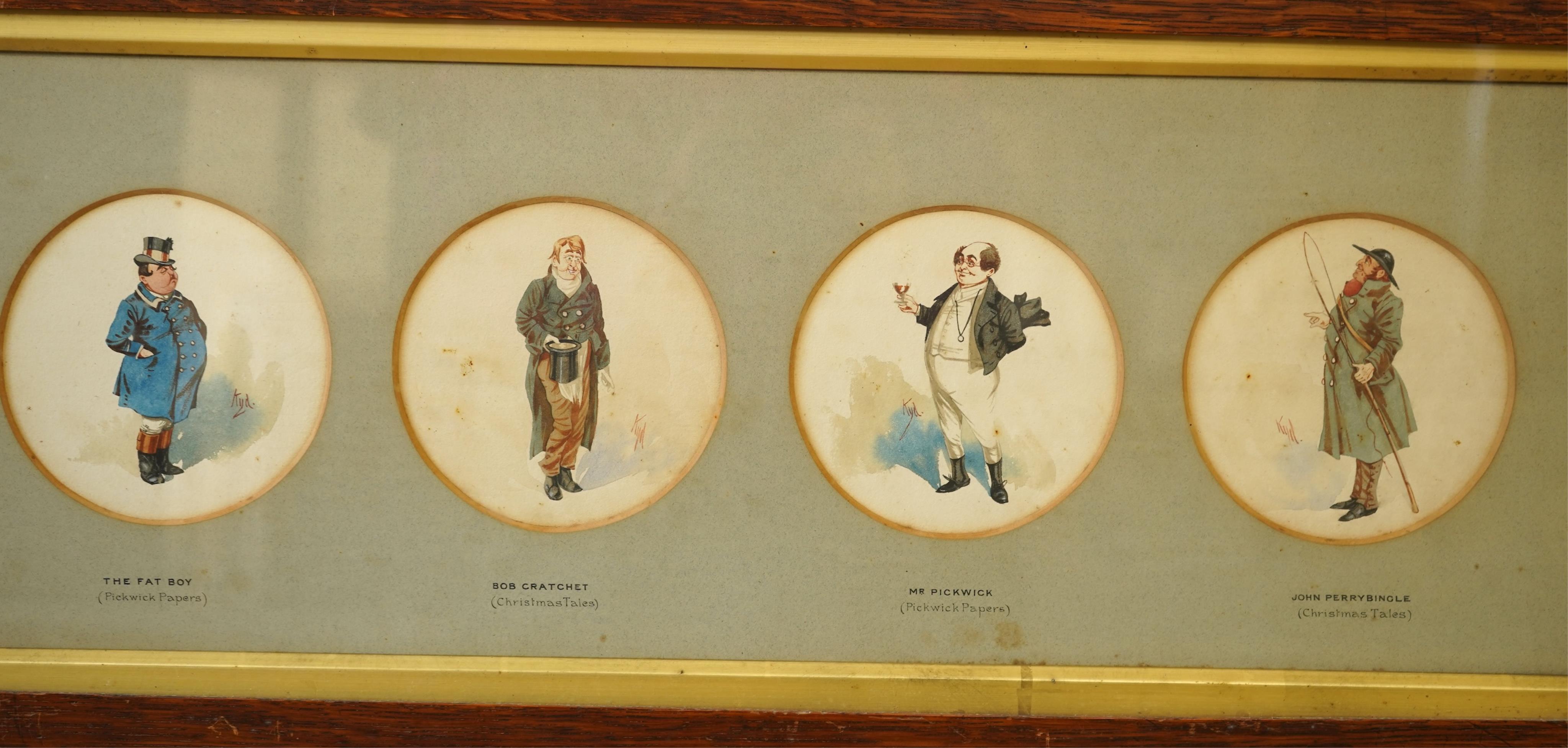 Joseph Clayton Clarke (KYD, 1857-1937), Dickens caricatures to include: Mr Bumble from Oliver Twist, Old Weller from Pickwick Papers and Quilp from Old Curiosity Shop, each signed, sixteen tondo watercolours, framed as f